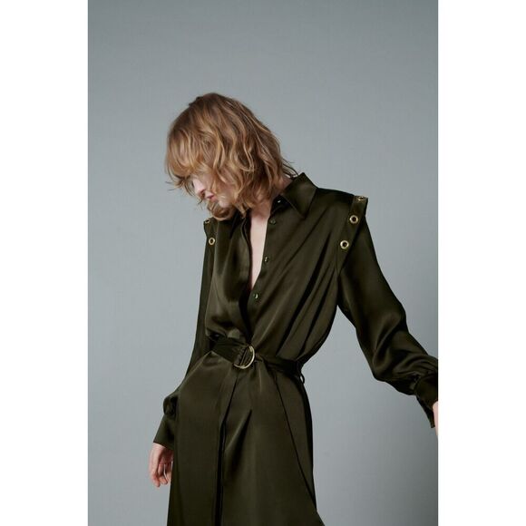 Green Zara Collared Button Down Belted Grommet Ring Long Sleeve Midi Dress (NWT) - Picture 2 of 8